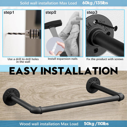 Industrial Pipe Clothes Rack Set of 2, 21” Heavy Duty Wall Mounted Clothing Rack Multi-Purpose