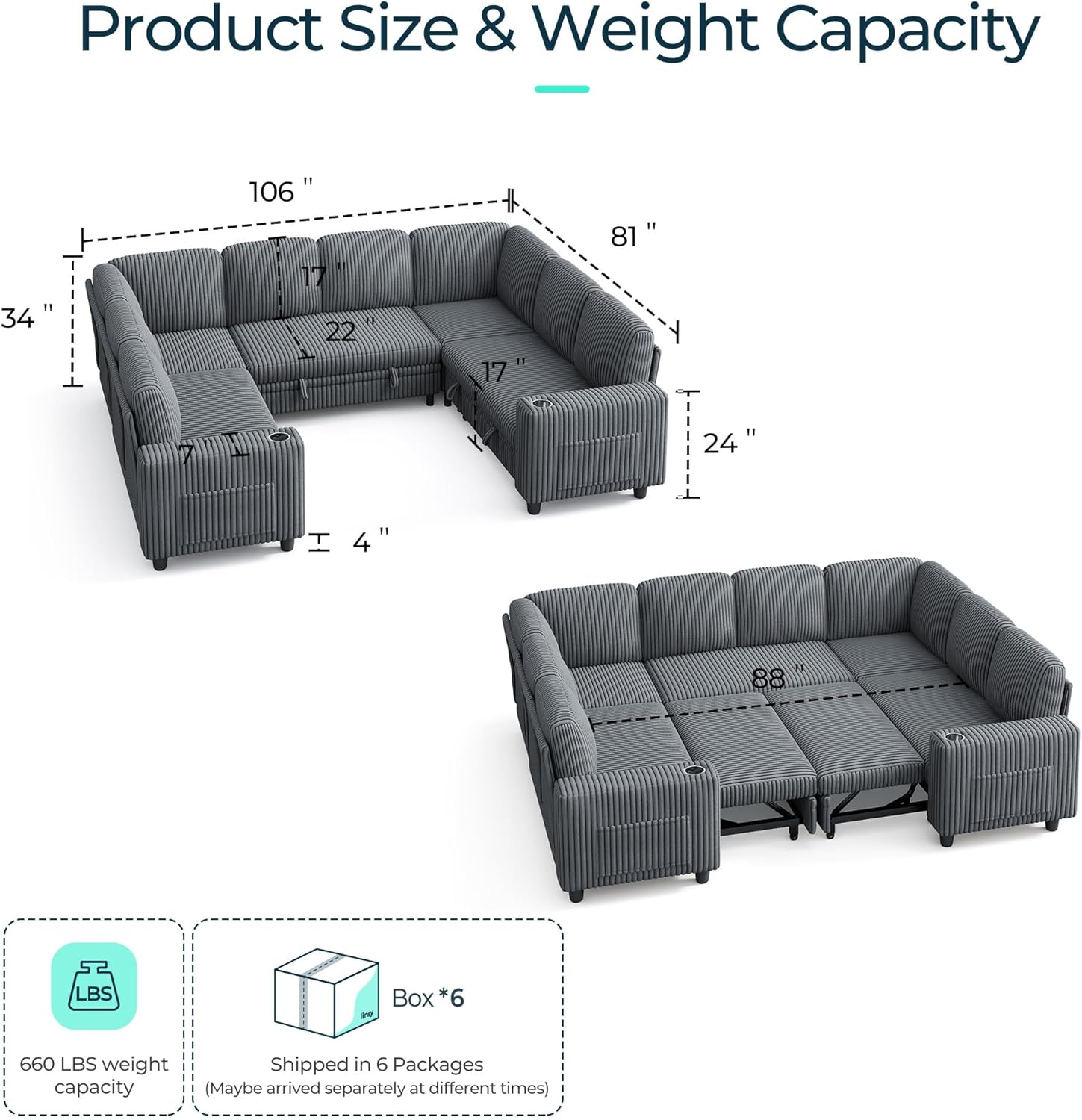 LINSY HOME Sectional Sleeper Sofa with Pull Out Couch Bed - Convertible Plush Corduroy Cloud Couch