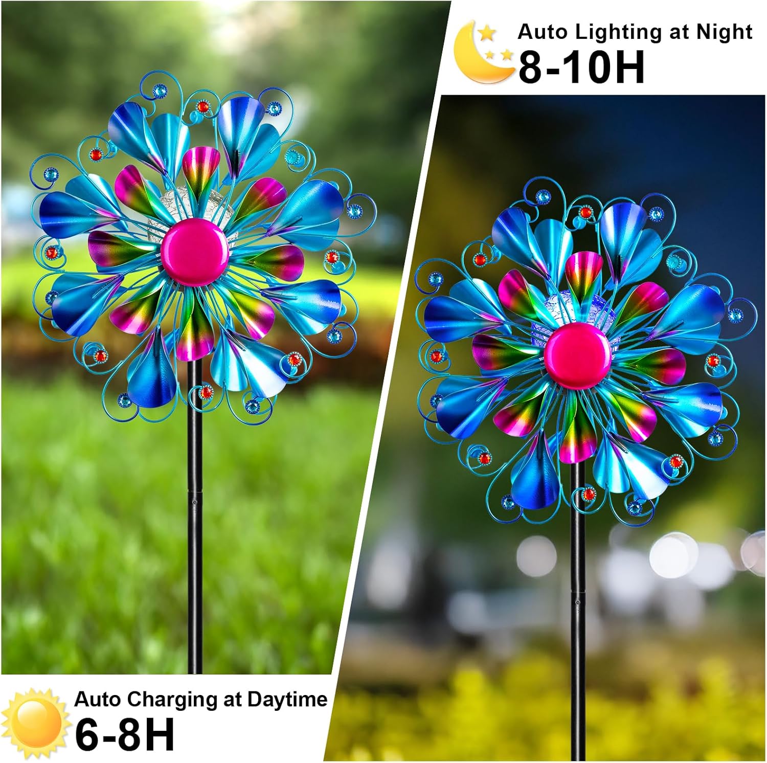 60'' Wind Spinner with Color Glass Ball Solar Lights, Blue Peacock Feathers Metal Garden Outdoor