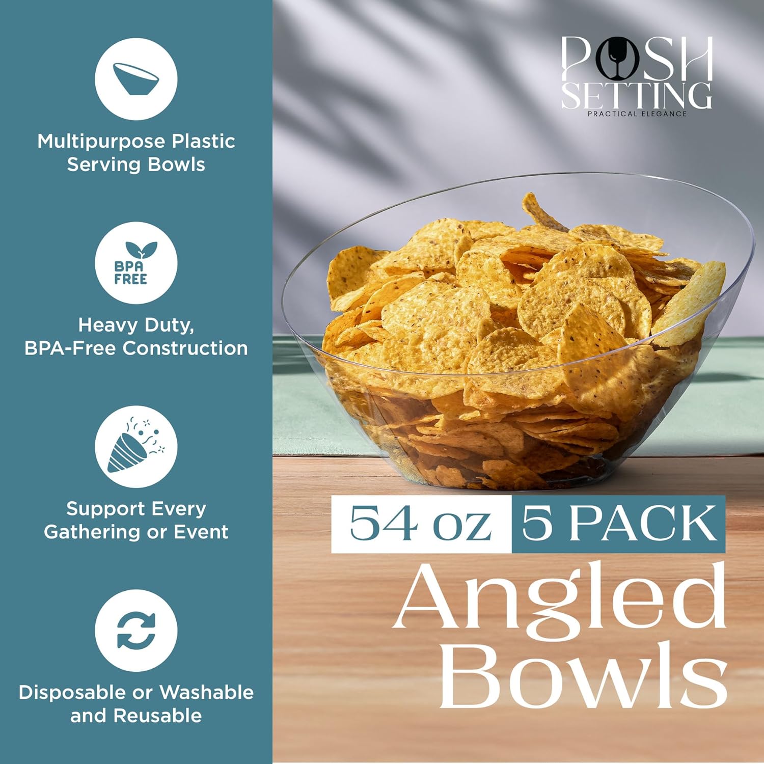 Posh Setting - Clear Plastic Serving Bowls for Party Angled Bowls Disposable Chip Bowls Candy Bowls