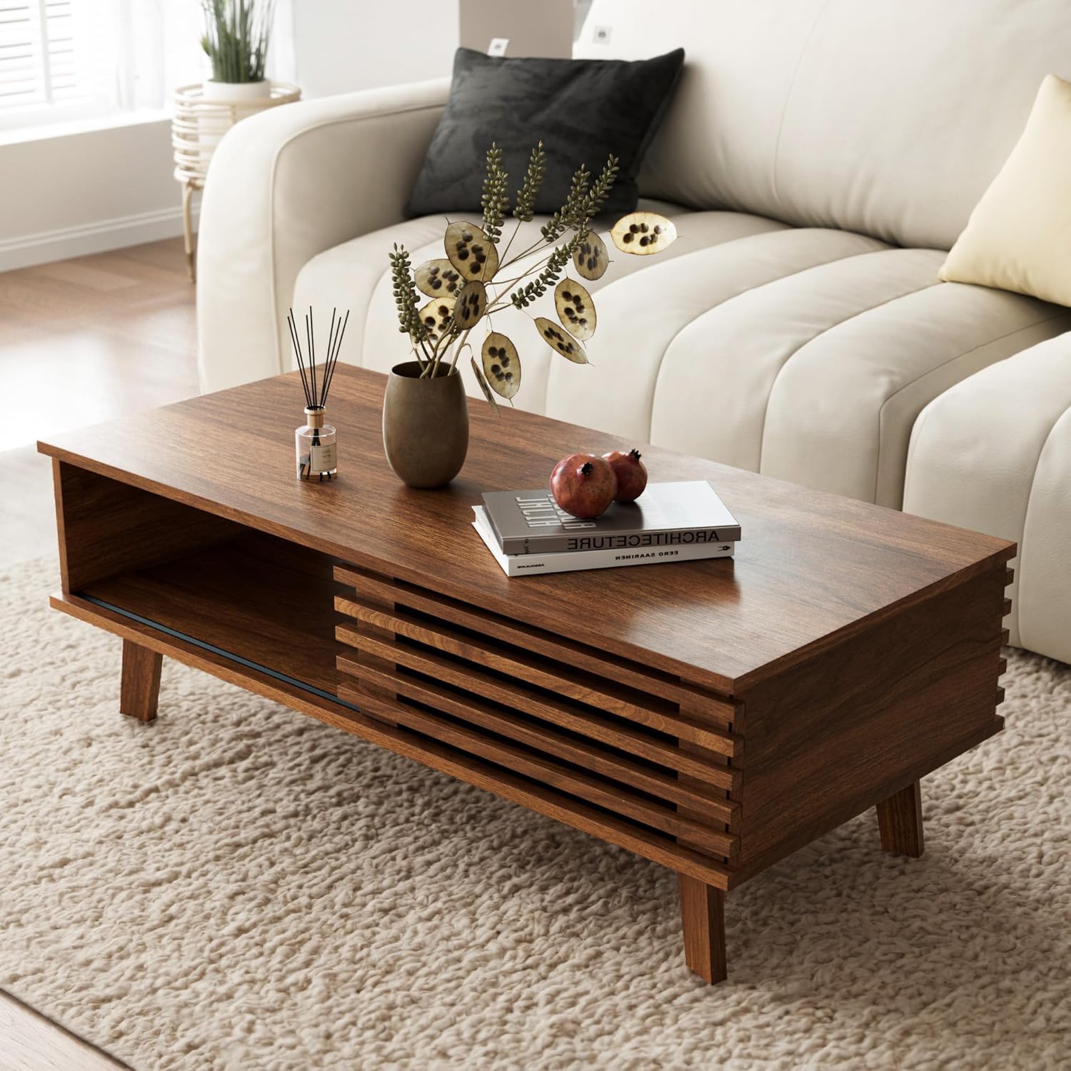 Mid Century Coffee Table with Storage & Sliding Fence Door, Modern Coffee Tables for Living Room