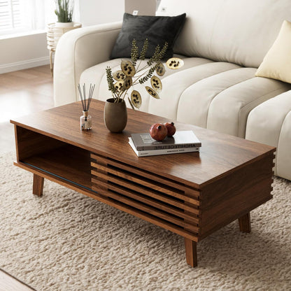 Mid Century Coffee Table with Storage & Sliding Fence Door, Modern Coffee Tables for Living Room