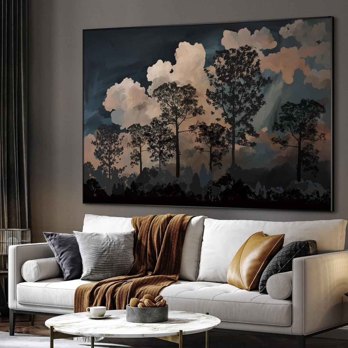 SIGNWIN 46"x60" Extra Large Framed Wall Art Silhouetted Trees at Dusk, Dramatic Forest and