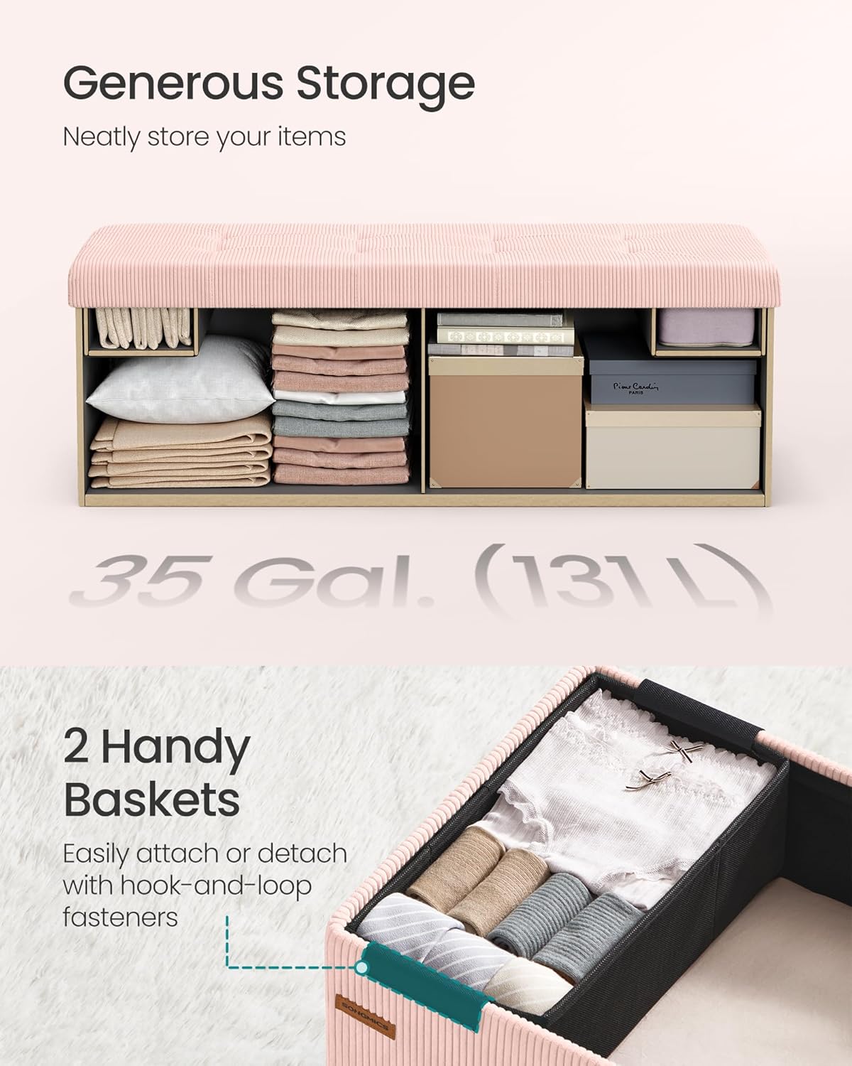 SONGMICS MAZIE Collection - Storage Ottoman Bench, Foldable Foot Rest, 15 x 43 x 15 Inches, End of