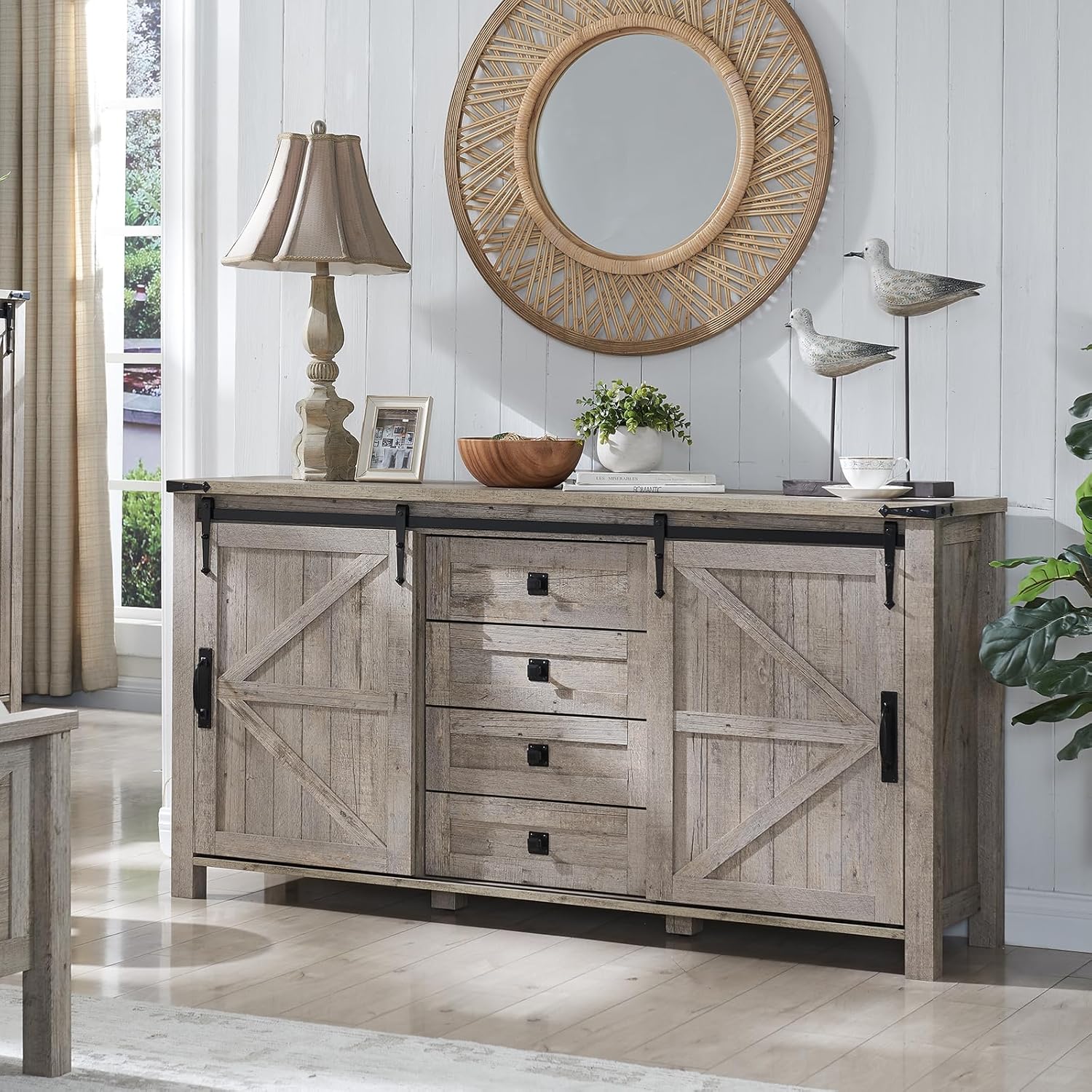 T4TREAM 60'' Farmhouse Dresser Chests for Bedroom w/4 Drawers & Sliding Barn Doors, Tall Chest of