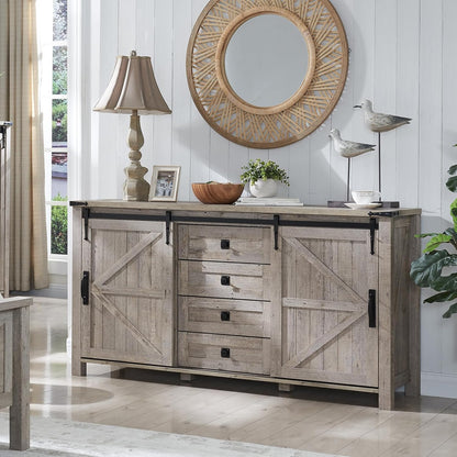 T4TREAM 60'' Farmhouse Dresser Chests for Bedroom w/4 Drawers & Sliding Barn Doors, Tall Chest of
