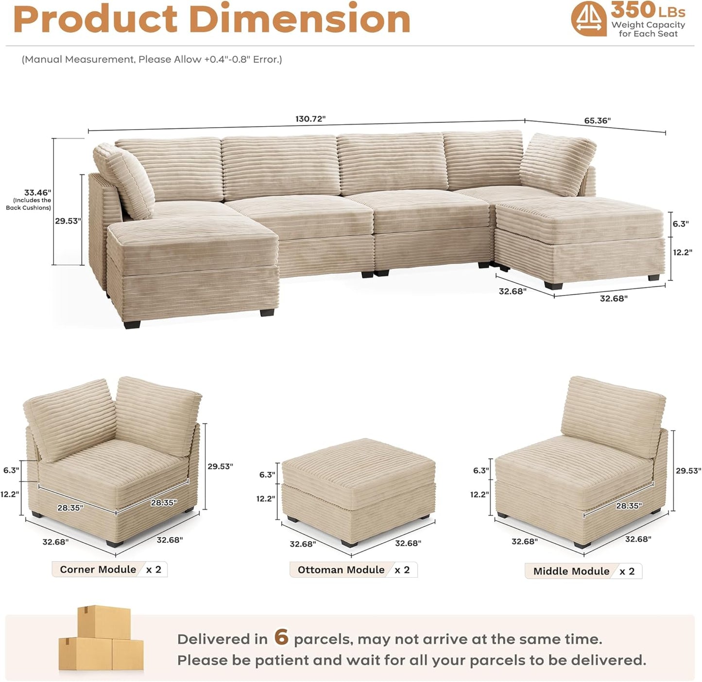 ovios Sectional Sofa Couch with U-Shape Chaise Ottomans, Comfy Modular Cloud Couches with Deep