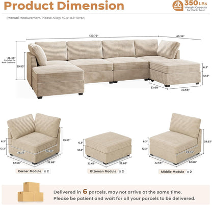 ovios Sectional Sofa Couch with U-Shape Chaise Ottomans, Comfy Modular Cloud Couches with Deep