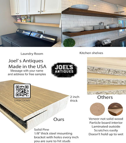 Joel's Antiques 42 Inch Wooden Floating Shelves for Wall - 42x12x2 in - Made of Natural Wood - Long