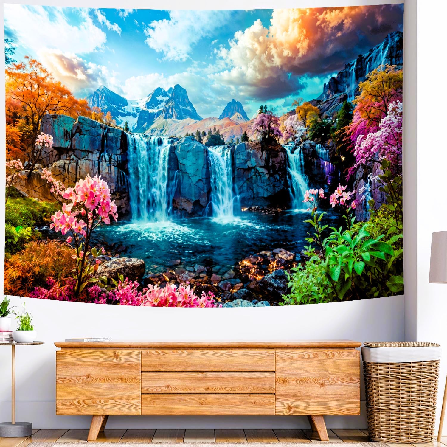 Delur Waterfall Tapestry Tropical Forest Mountain Sunset Tree Wall Hanging Tapestry Scenic