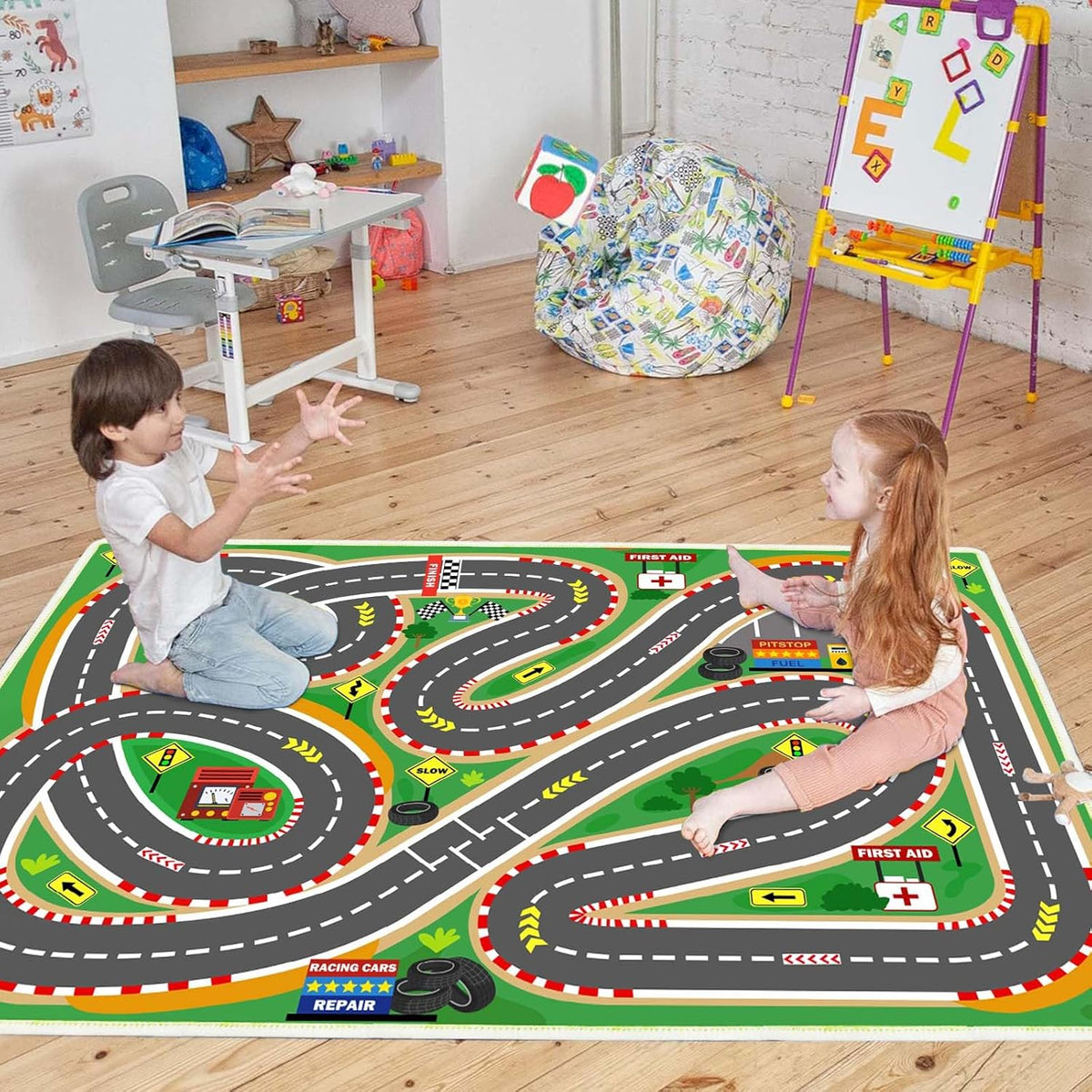 Kids Rug Play Mat Playroom Rugs Car Rugs for Kids Toy Cars Race Track for Classroom Rug(Race-Green