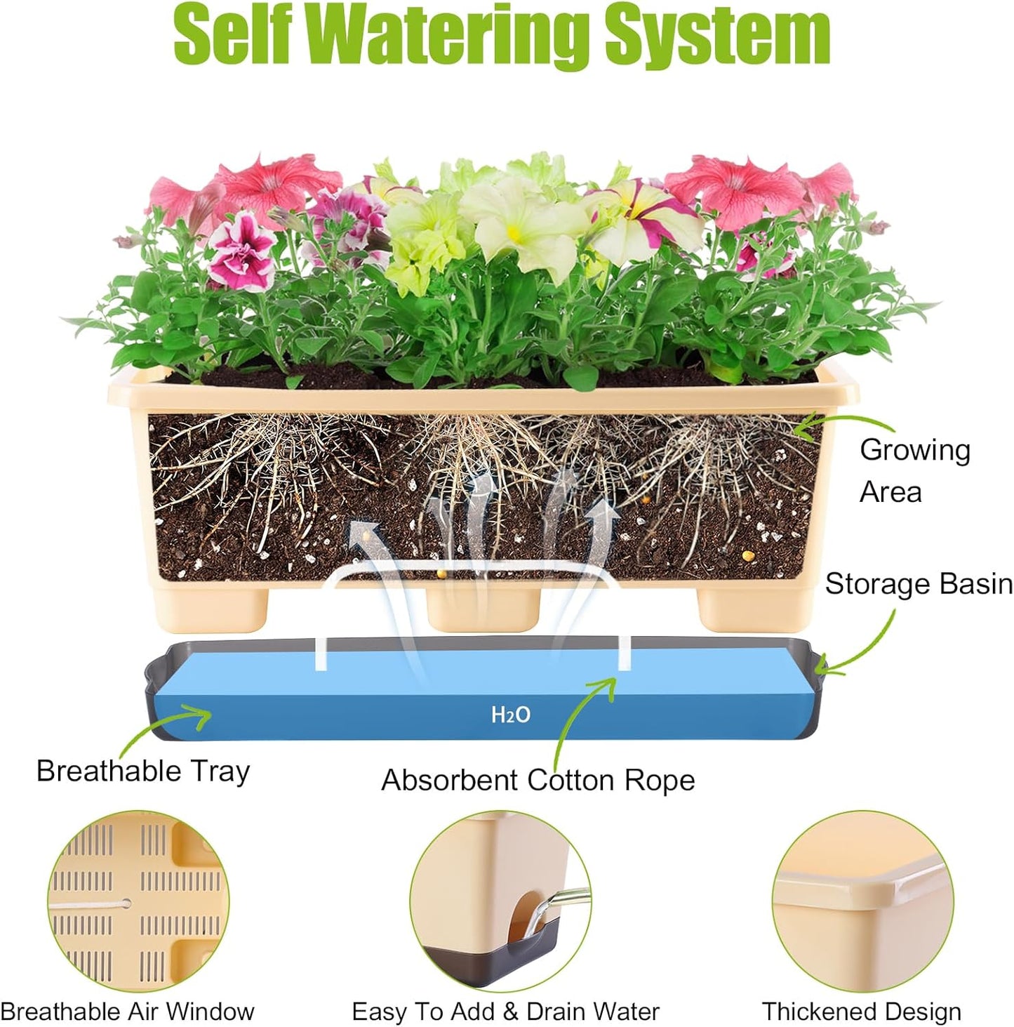 Window Box Planter 8 Pcs, 17 Inches Rectangle Flower Pots with Drainage Holes and Trays, Vegetable