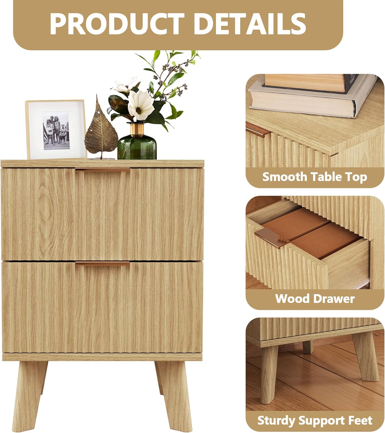 Fluted Nightstand, Mid Century Modern 2 Drawer Bedside Table for Bedroom, Small Dresser Night Stand