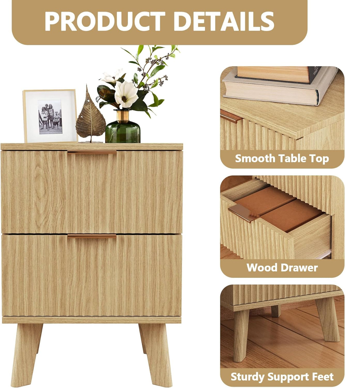 Fluted Nightstand, Mid Century Modern 2 Drawer Bedside Table for Bedroom, Small Dresser Night Stand