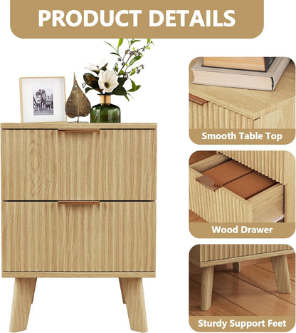 Fluted Nightstand, Mid Century Modern 2 Drawer Bedside Table for Bedroom, Small Dresser Night Stand