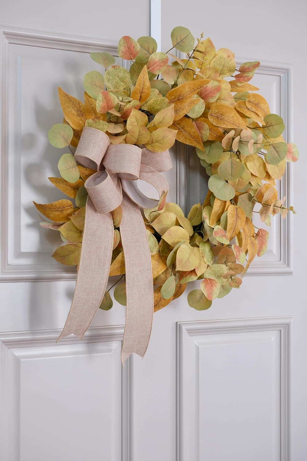 Fall Wreath for Front Door 24 Inch, Autumn Colored Faux Leaves Wreath with Bow, Simple & Minimalist