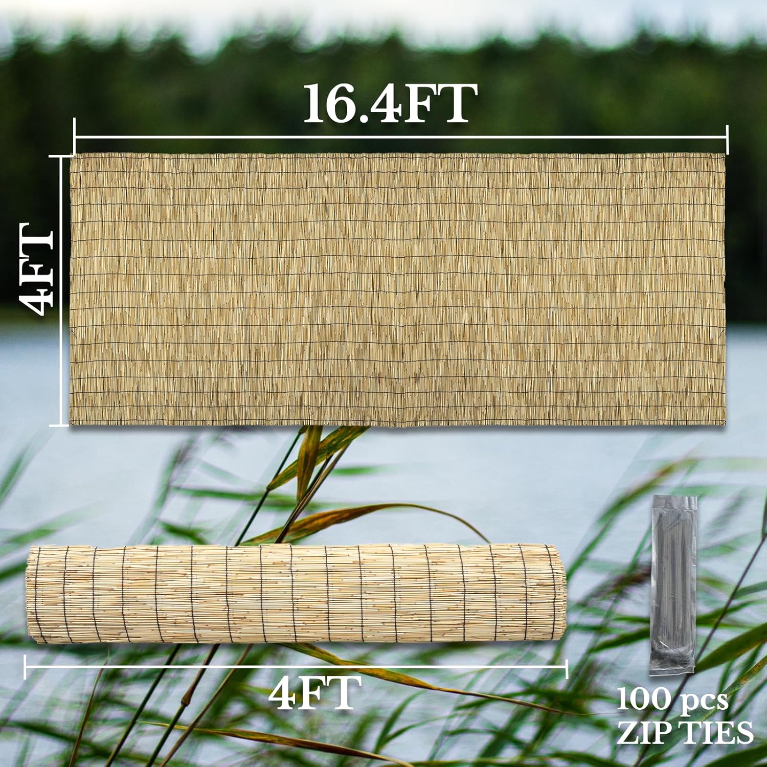 Natural 4FT X 16.4FT Reed Fencing Roll, Balcony Privacy Shade Reed Bamboo Fencing Garden Fence