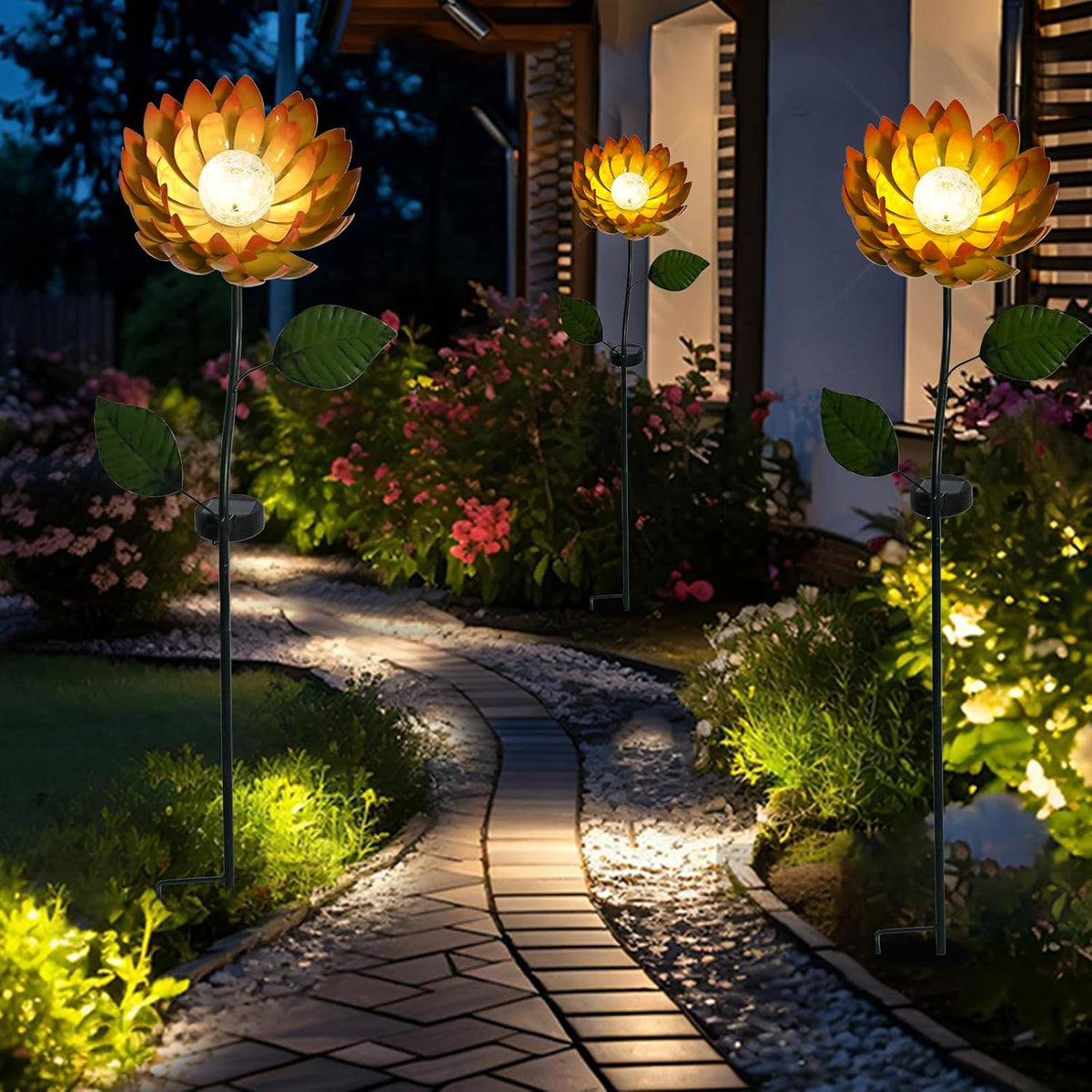 VCUTEKA Solar Garden Lights Metal Flower Decor Colorful Yellow Flowers Solar Pathway Light with LED