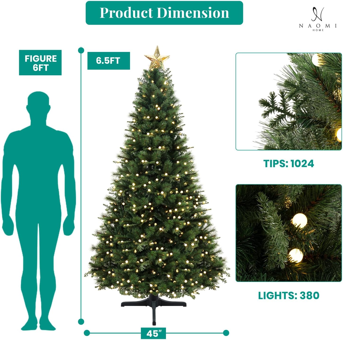 Naomi Home Evangeline Traditional Christmas Tree Green/6.5ft