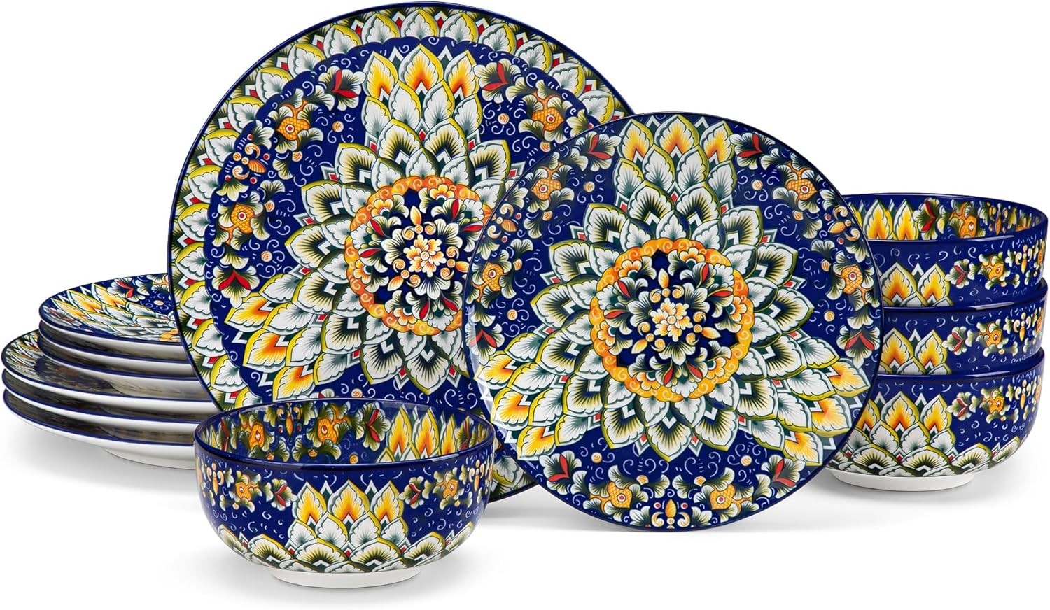 vancasso 12 Pieces Dinnerware Sets, Blue Plates and Bowls Set, Porcelain Dishes Set for 4