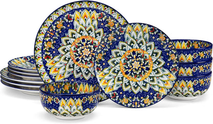 vancasso 12 Pieces Dinnerware Sets, Blue Plates and Bowls Set, Porcelain Dishes Set for 4