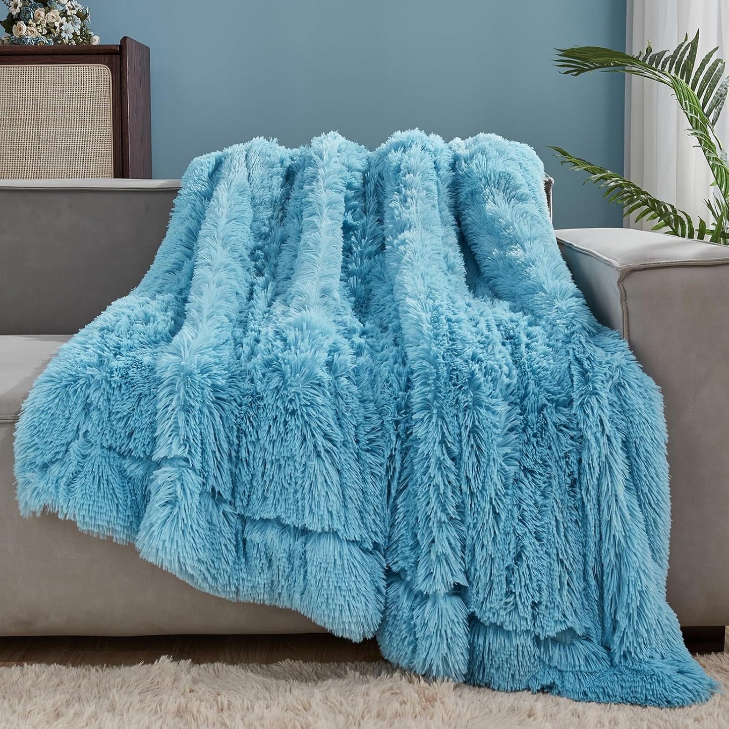 GONAAP Fuzzy Faux Fur Throw Blanket Sky Blue Super Soft Cozy Plush Fuzzy Shaggy Blanket for Couch