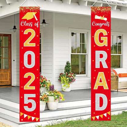 Graduation Decorations 2025 GRAD Banner Red Porch Door Sign Welcome Banner For Indoor Outdoor Wall