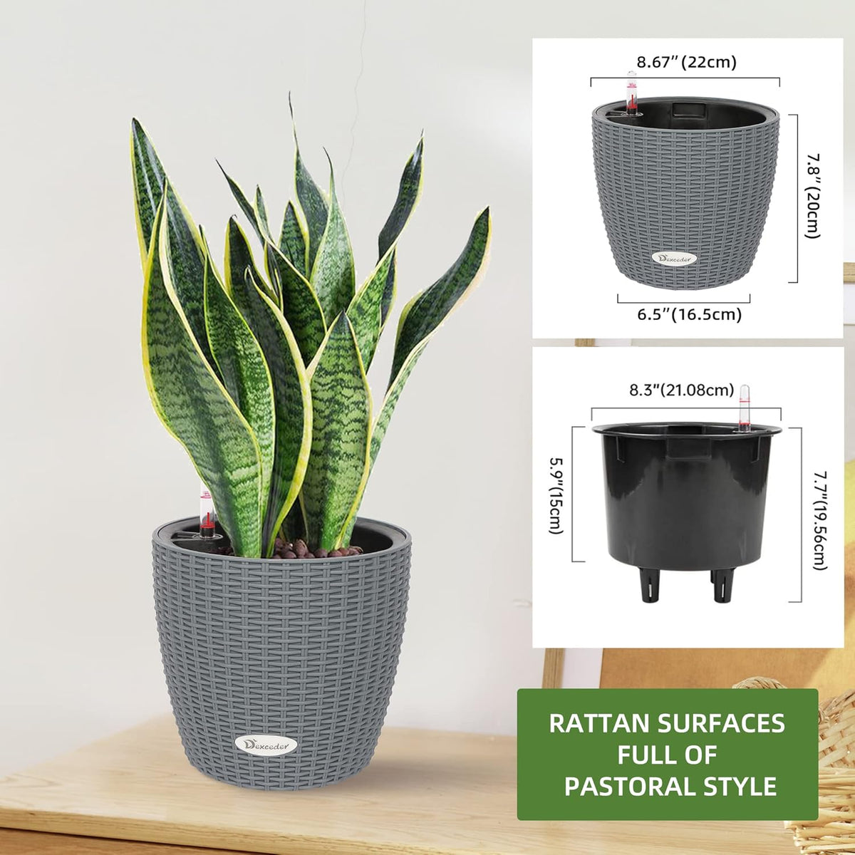 Dexceder 9x8 Inches Rattan Self Watering Planter Indoor Outdoor, Inner Pot Design, Thickened Table