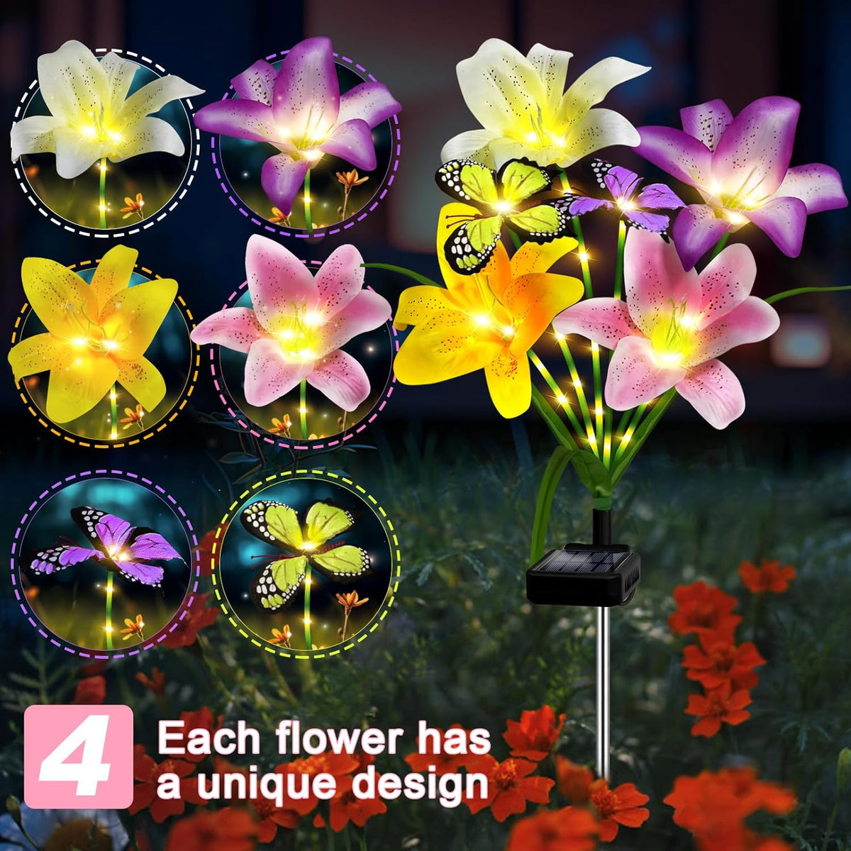 Solar Garden Lights Outdoor, 4 Pack Flower Lights for Outside, 16 Solar Lilies with Butterflies