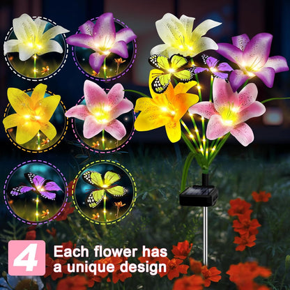 Solar Garden Lights Outdoor, 4 Pack Flower Lights for Outside, 16 Solar Lilies with Butterflies