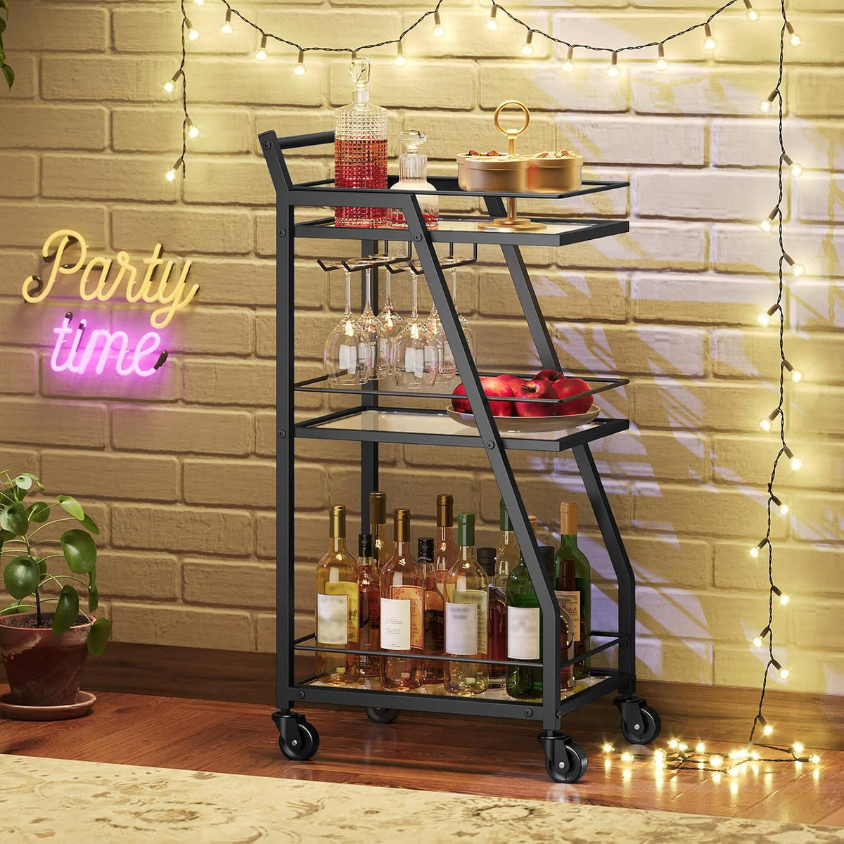 Bar Cart, 3-Tier Bar Cart for The Home, Home Bar Serving Cart with Glass Holders, Beverage Cart for