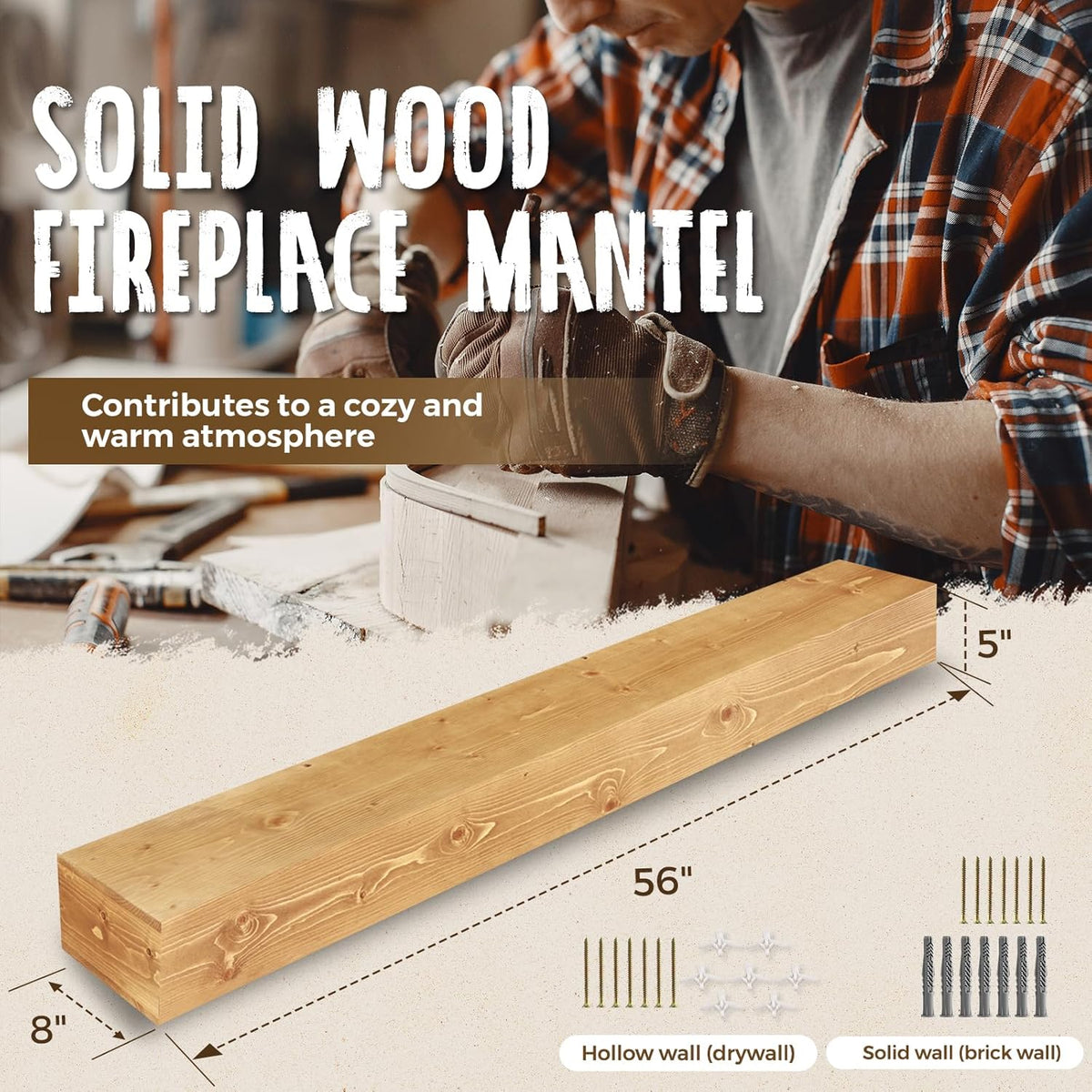 56x8x5 Fireplace Mantel - Handcrafted Rustic Solid Wood Wall Mounted Floating Shelf