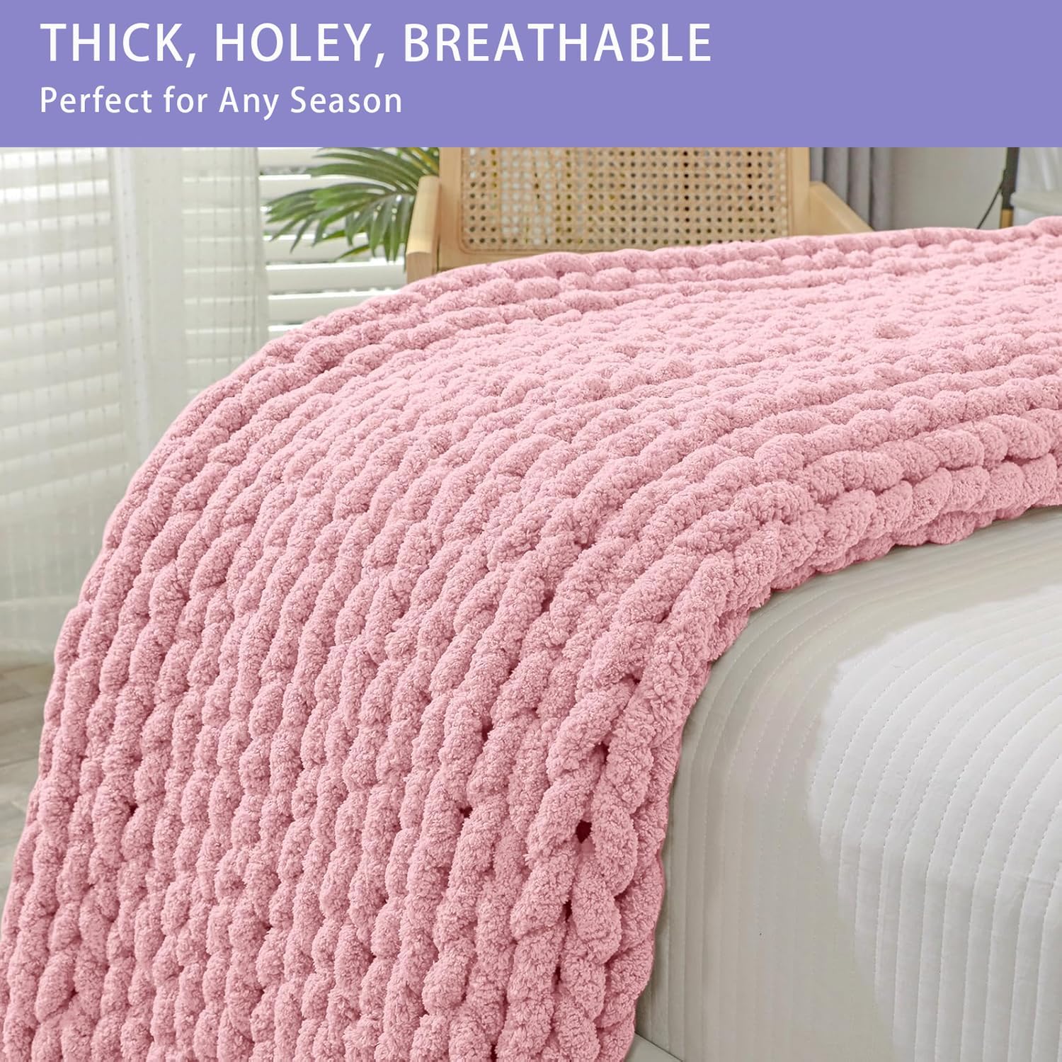 Bigacogo Chunky Knit Throw Blanket for Couch, 40x60 inches, 100% Hand Knitted with Thick Jumbo