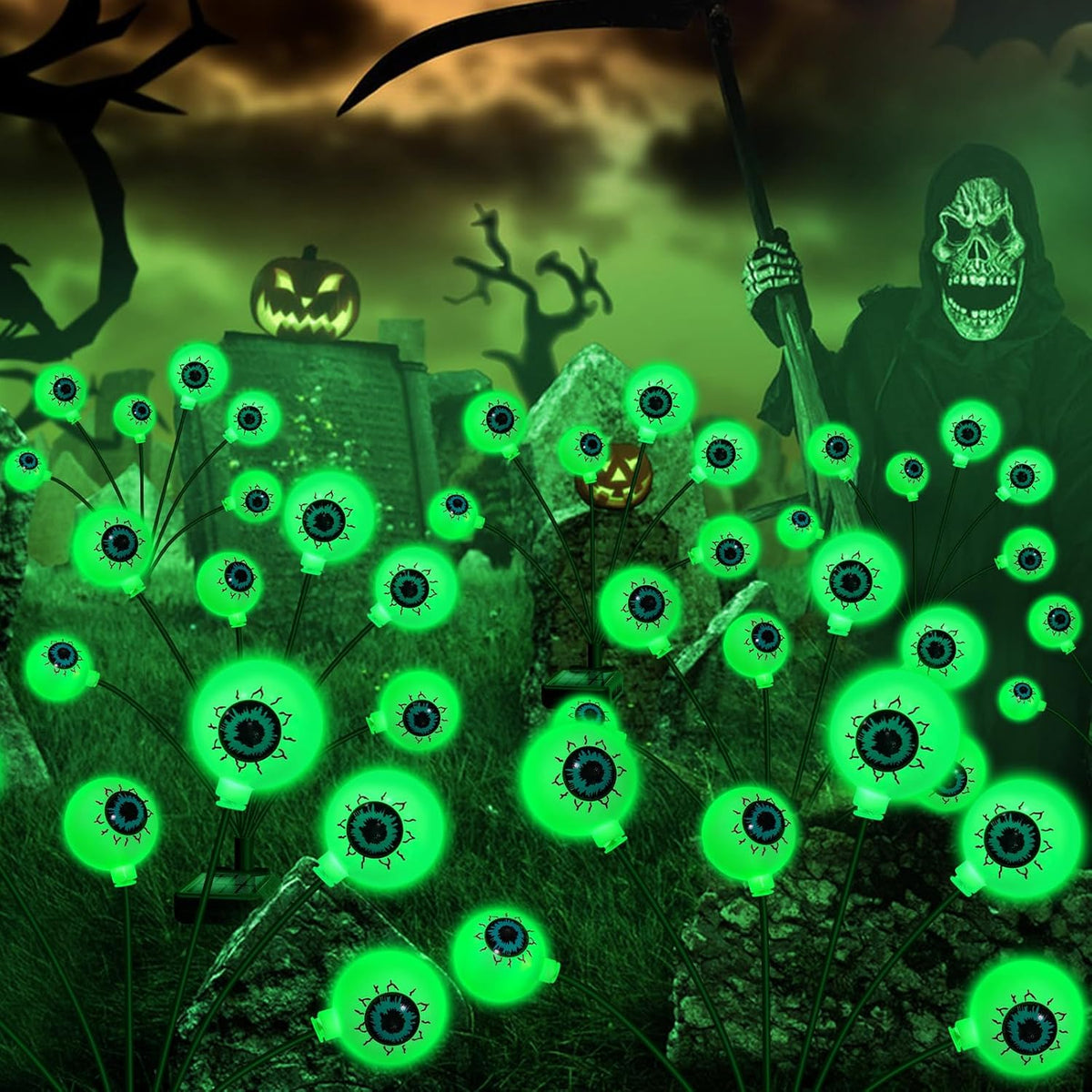 Solar Halloween Decorations, 4 Pack 24 LED Spooky Eyeball Lights, Outdoor Waterproof Solar Green