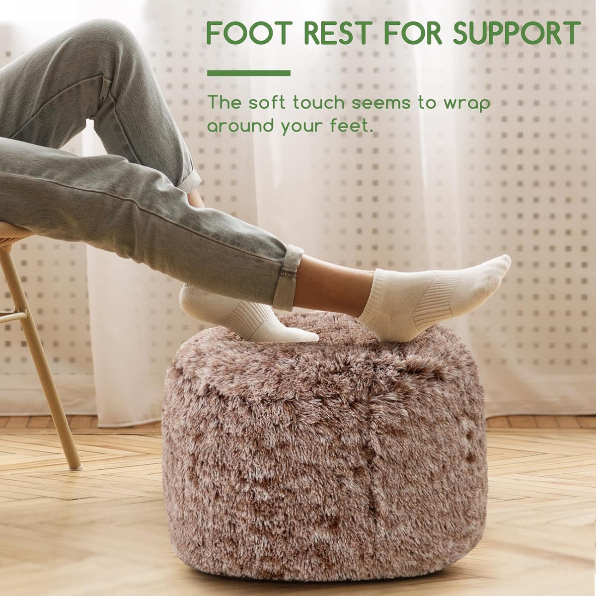 HIGOGOGO Round Stuffed Pouf Ottoman, Long Faux Fur Poufs with Foam Chunk Filling, Fluffy and Furry