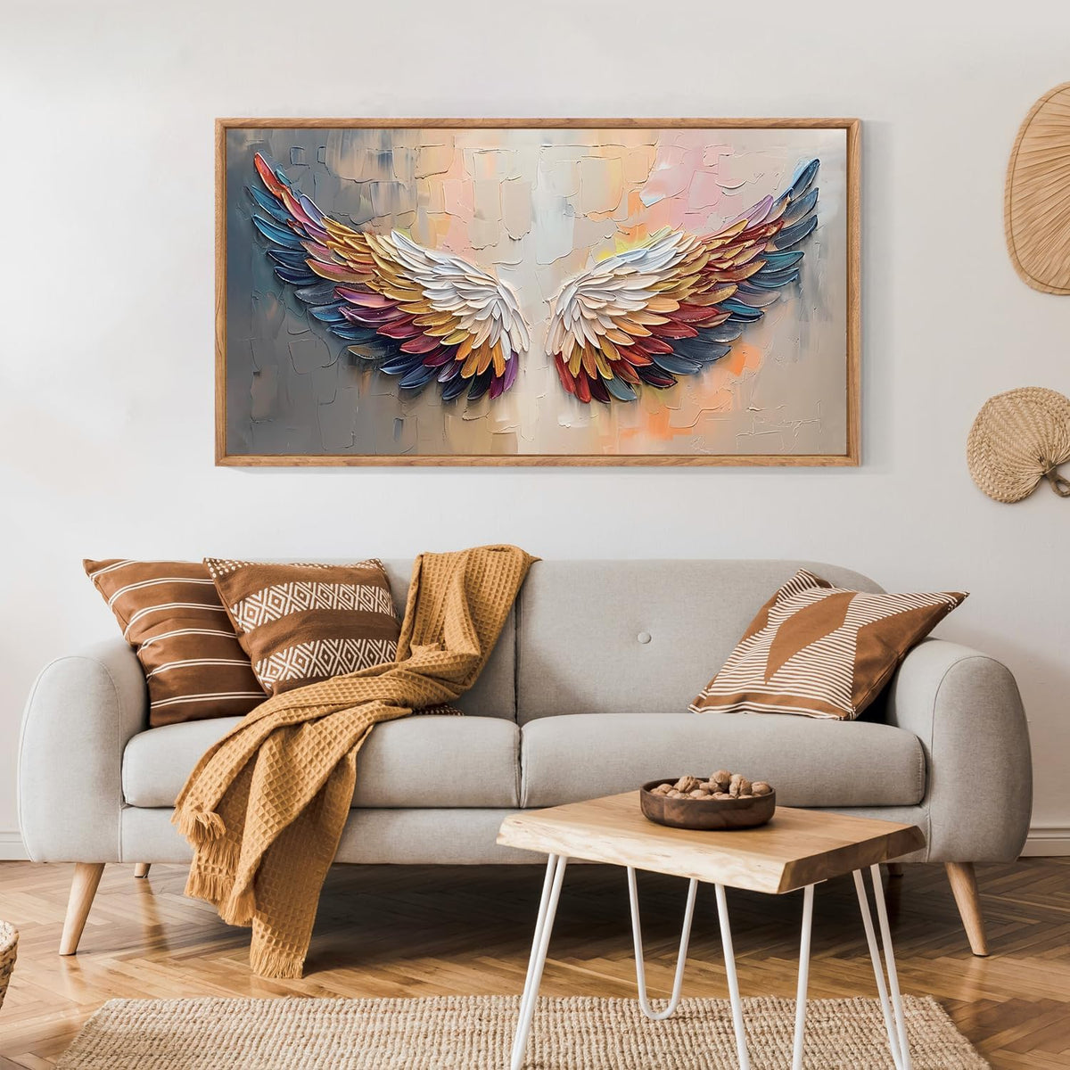 Aurlan Angel Wings Hand Painted Framed Wall Decor(40"x20"), Large Abstract Colorful Feather 3D