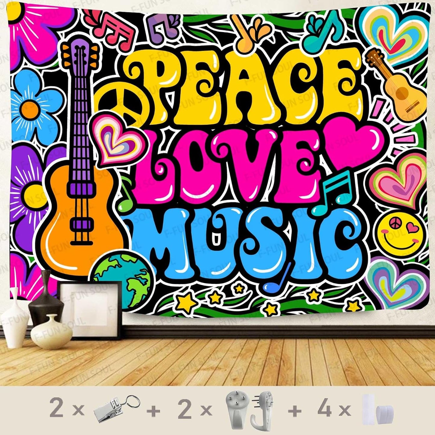 F-FUN SOUL Peace Love and Music Tapestry, 40x30inches Soft Flannel, Guitar Symbol Dove Flowers