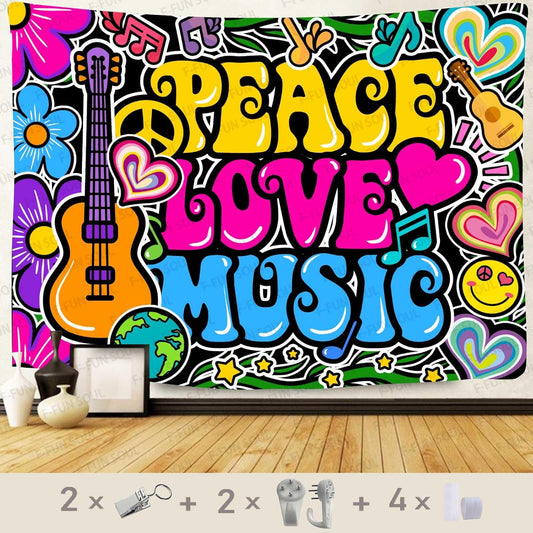 F-FUN SOUL Peace Love and Music Tapestry, 40x30inches Soft Flannel, Guitar Symbol Dove Flowers