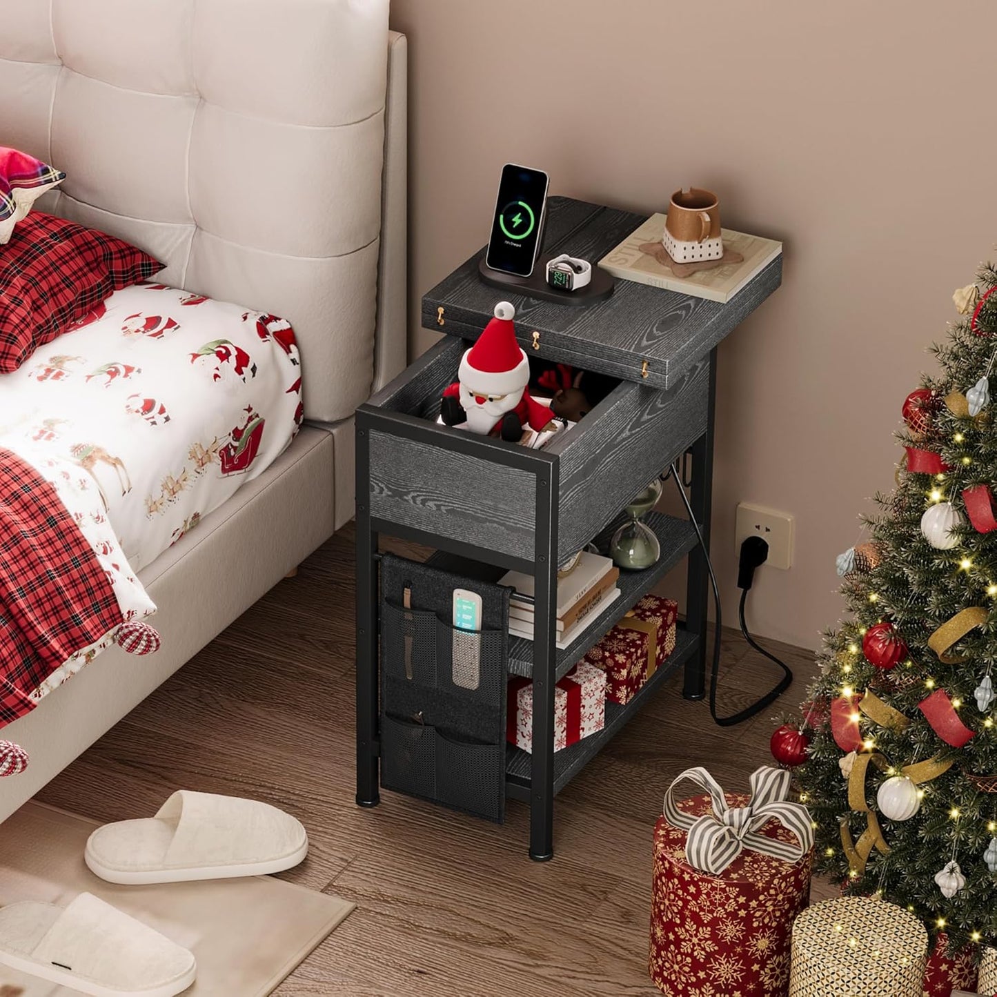 End Table with Charging Station, Flip Top Nightstand with USB Ports and Outlets,Couch Side Table