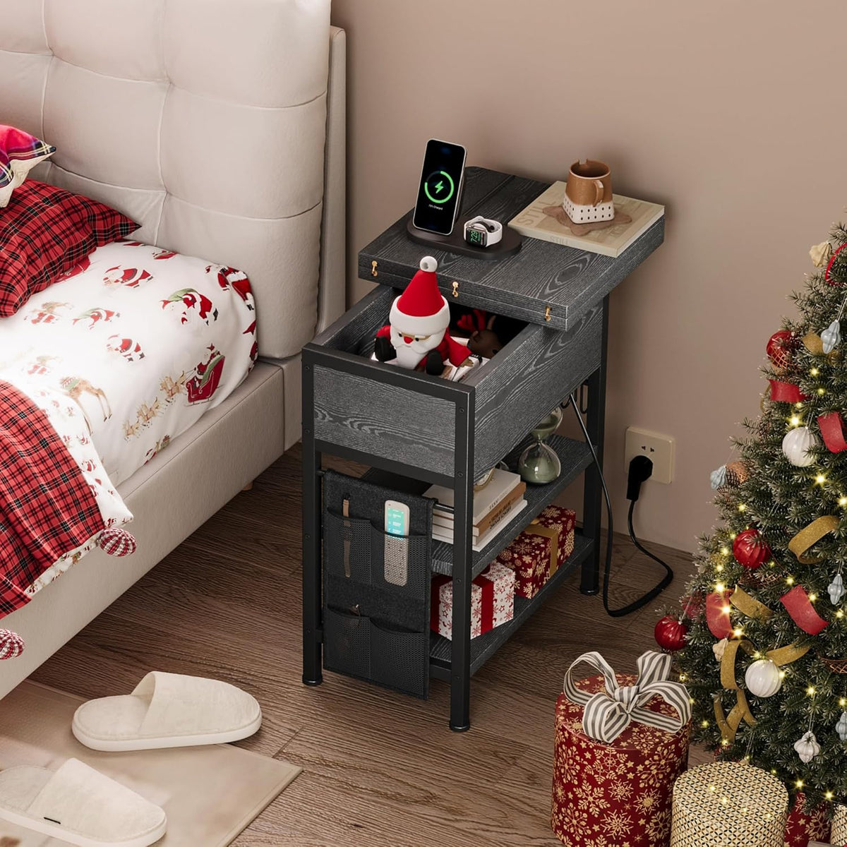 End Table with Charging Station, Flip Top Nightstand with USB Ports and Outlets,Couch Side Table