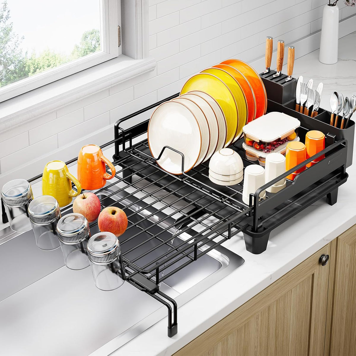 Extendable Dish Drying Rack, Multifunction Dish Rack for Kitchen Counter, Expandable Dish Drainer