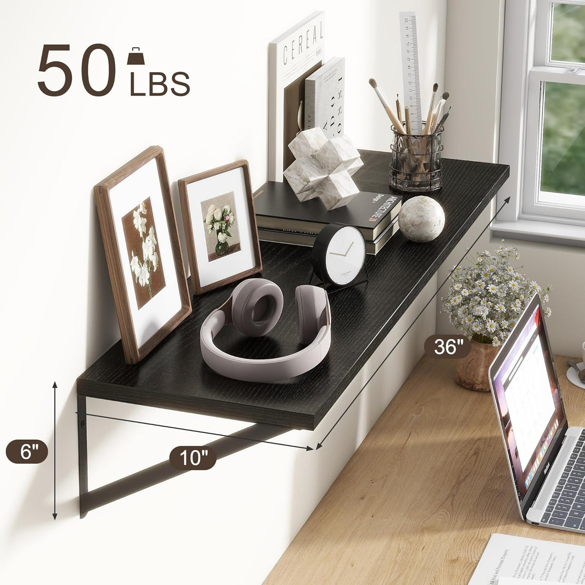 36"W x 10"D Floating Shelves, 10 Inch Deep Black Floating Shelves, Farmhouse Rustic Deep Wall