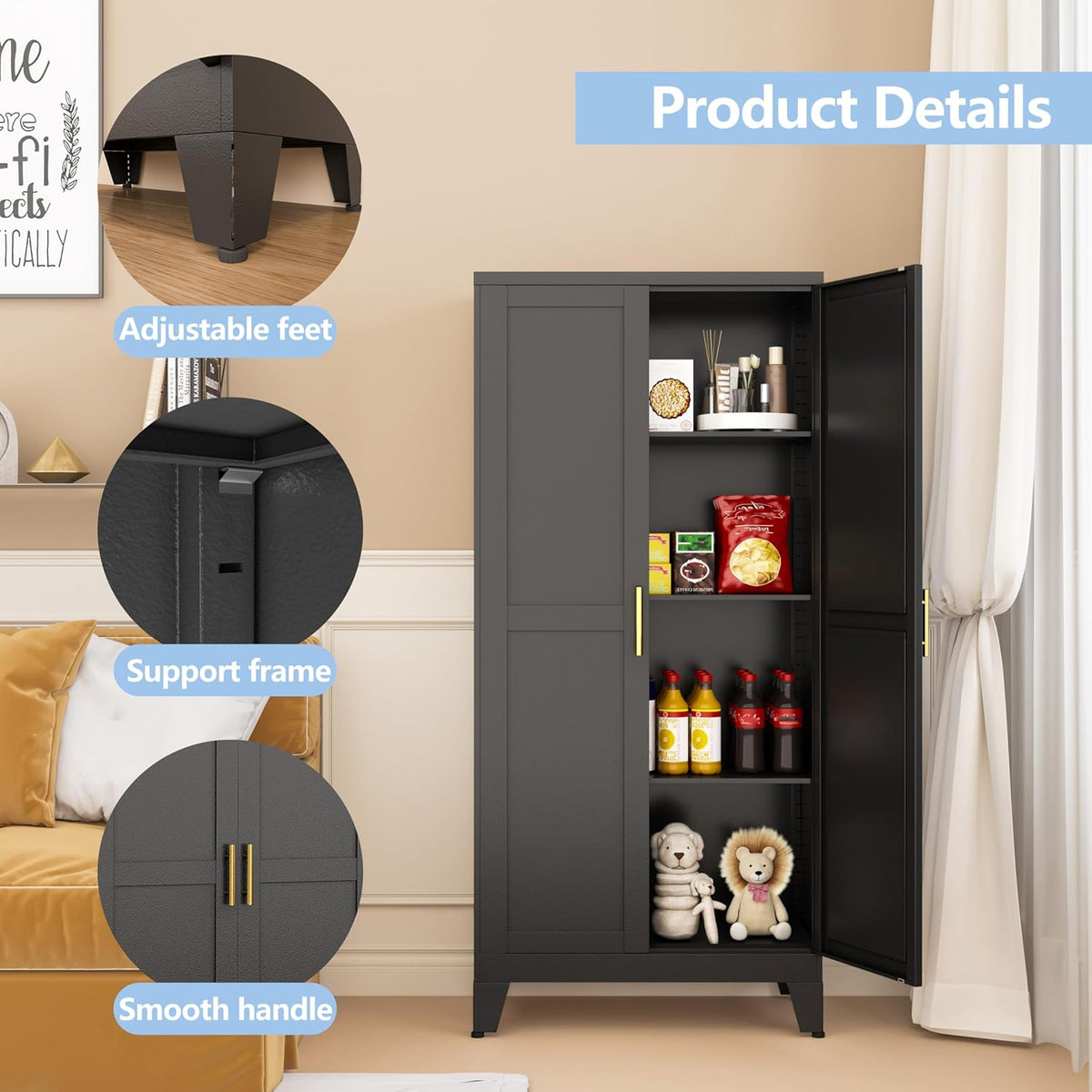 Black Metal Storage Cabinet, 48" Steel Cabinets for Home Office, Kitchen Pantry Storage Cabinet