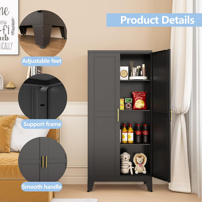 Black Metal Storage Cabinet, 48" Steel Cabinets for Home Office, Kitchen Pantry Storage Cabinet