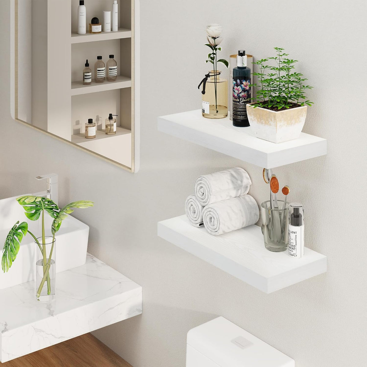 Fun Memories White Floating Shelves, 8 Inch Deep Wall Shelves Set of 2, Rustic Deep Shelves for
