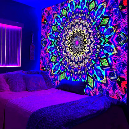 Blacklight Mandala Tapestry for Bedroom, XL Black Light Posters for Adults and Teens, Colorful UV