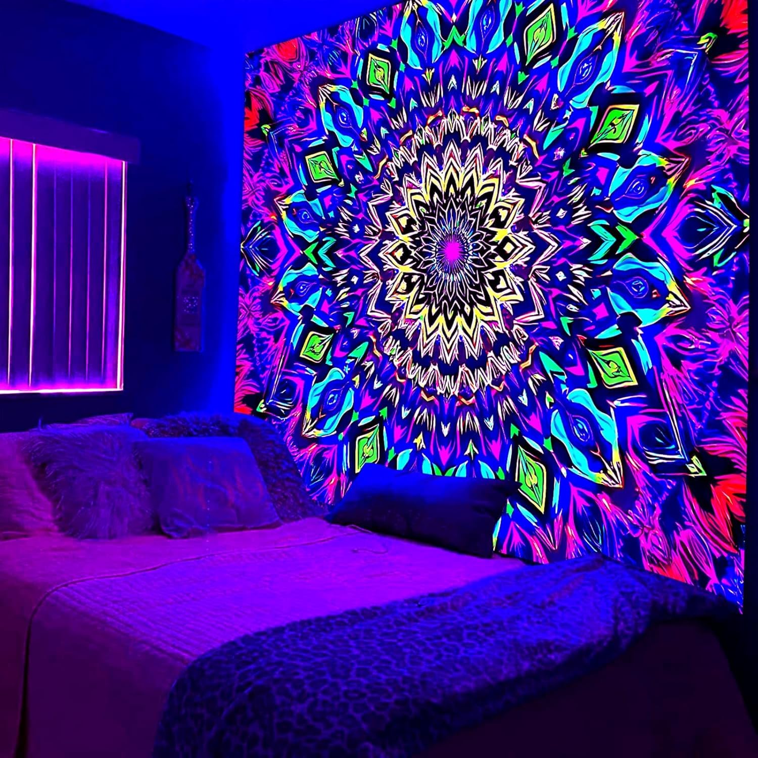 Blacklight Mandala Tapestry for Bedroom, Black Light Posters for Adults and Teens, Colorful UV