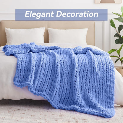 Chunky Knit Throw Blanket, 60''*80'' Knitted Throw Chenille Yarn for Bed Couch, Handmade Light Blue