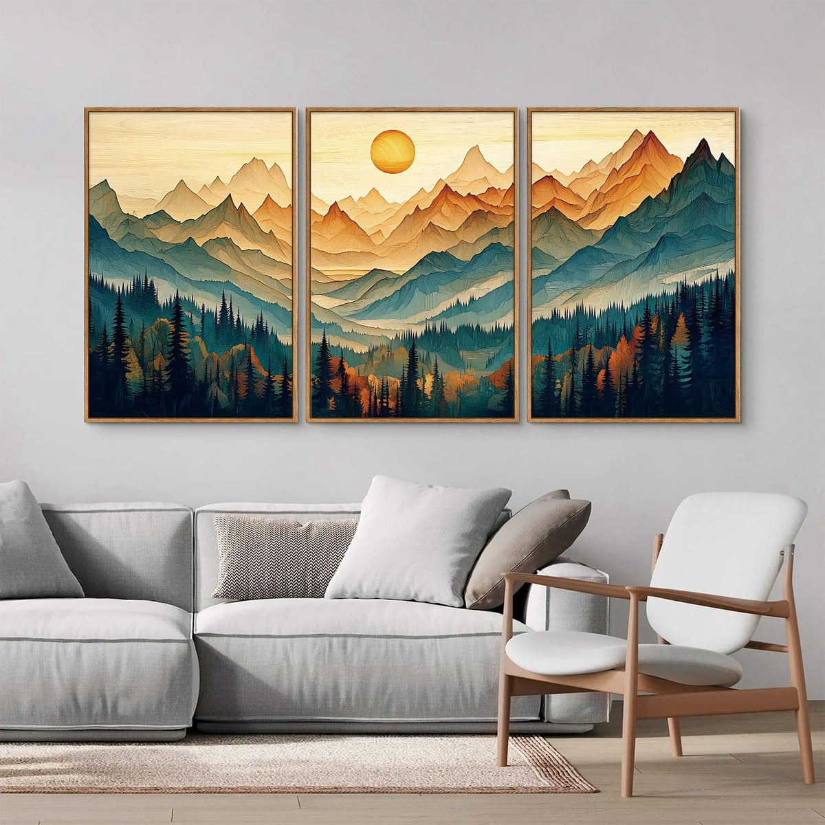 Tinonedraw Large Mountain Framed Canvas Wall Art Set of 3, Boho Nature Forest Wall Decor, Neutral