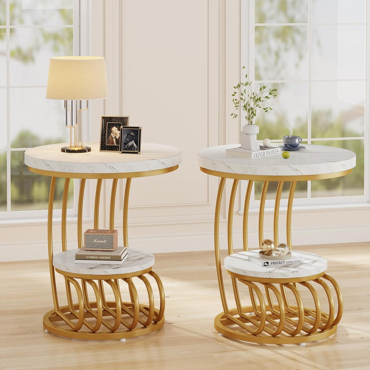 Tribesigns Gold Round End Table: 2 Tiers Side Table Set of 2 with Storage Shelf, Modern White Gold